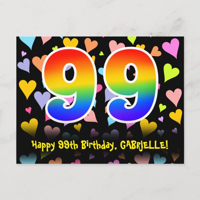 99th Birthday: Fun Hearts Pattern, Rainbow 99 Postcard (Front)