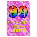[ Thumbnail: 99th Birthday: Fun Pink Hearts Stripes; Rainbow 99 Gift Bag ]