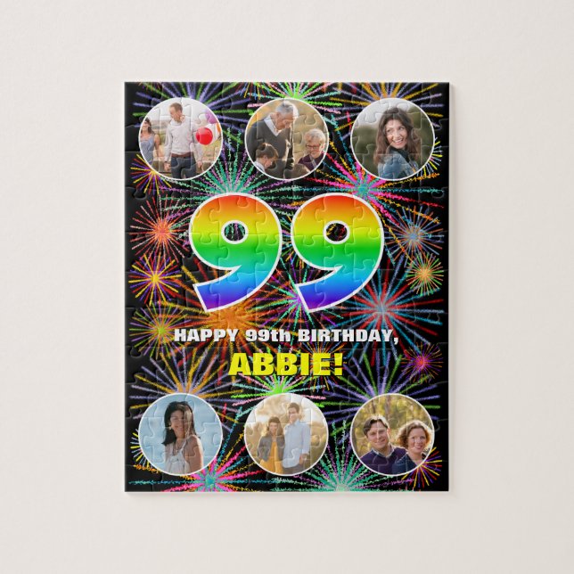 99th Birthday: Fun Rainbow #, Custom Name + Photos Jigsaw Puzzle (Vertical)
