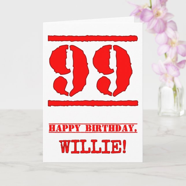 99th Birthday: Fun, Red Rubber Stamp Inspired Look Card (Orchid)