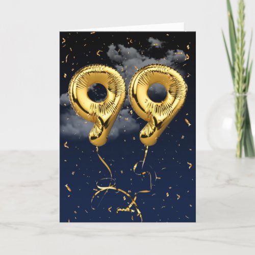 99th Birthday Gold Mylar Balloon and Confetti Card