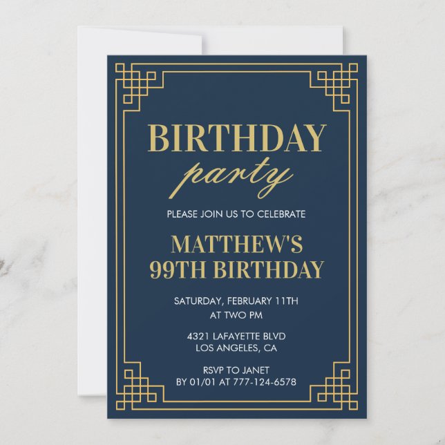 99th birthday invitations Birthday party boy navy (Front)