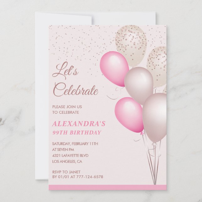 99th birthday invitations Pink Balloons Confetti (Front)