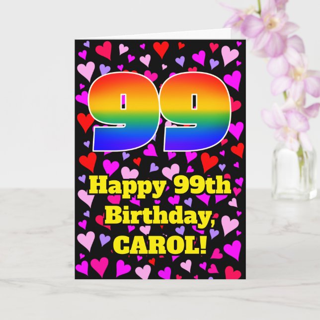 99th Birthday: Loving Hearts Pattern, Rainbow # 99 Card (Orchid)