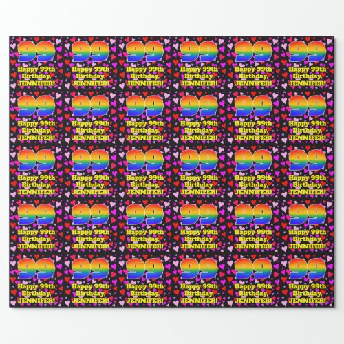 99th Birthday Loving Hearts Pattern Rainbow  99 Wrapping Paper