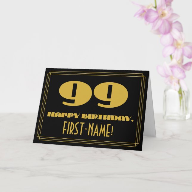 99th Birthday: Name + Art Deco Inspired Look "99" Card (Orchid)