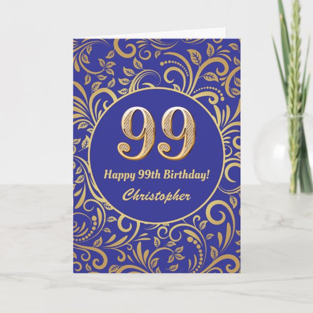 99th Birthday Navy Blue and Gold Floral Pattern Card (Front)