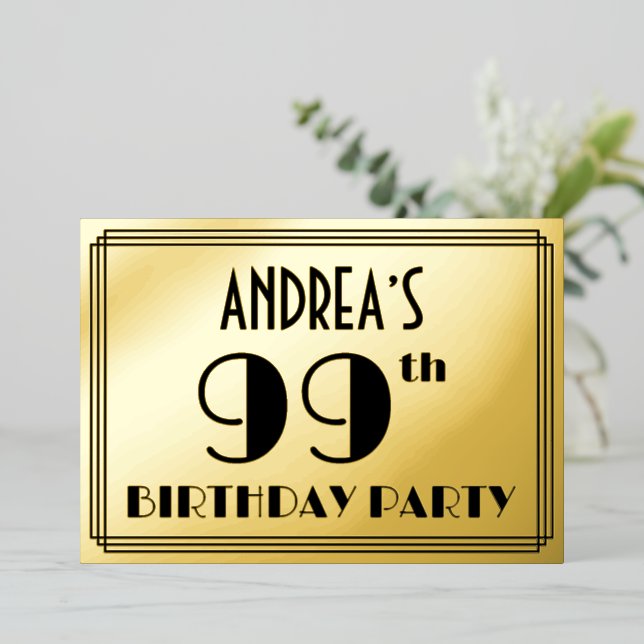 99th Birthday Party — Art Deco Look “99” + Name Foil Invitation (Standing Front)