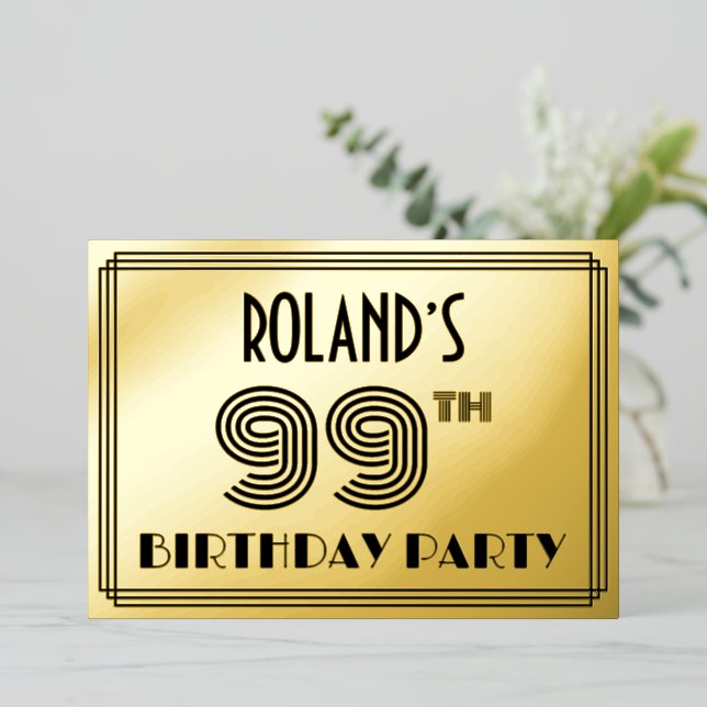 99th Birthday Party — Art Deco Style “99” & Name Foil Invitation (Standing Front)