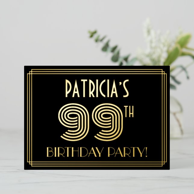 99th Birthday Party — Art Deco Style “99” + Name Foil Invitation (Standing Front)
