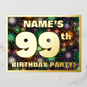 99th Birthday Party: Bold, Colorful Fireworks Look Foil Invitation Postcard