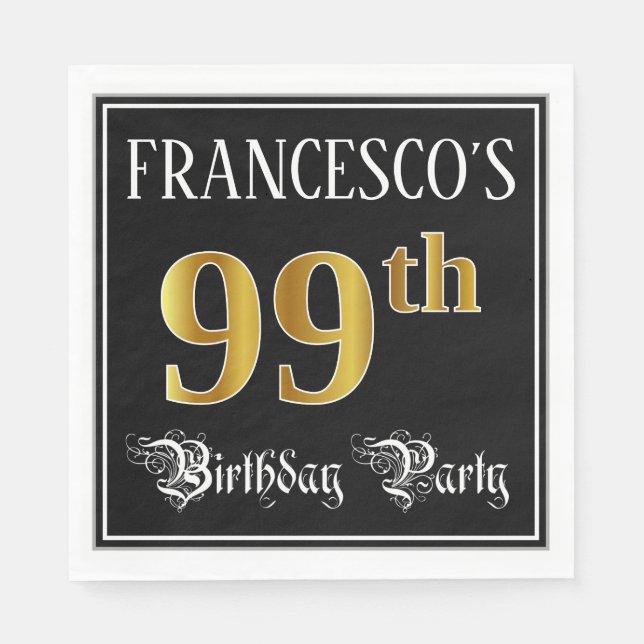 99th Birthday Party — Fancy Script, Faux Gold Look Napkins (Front)