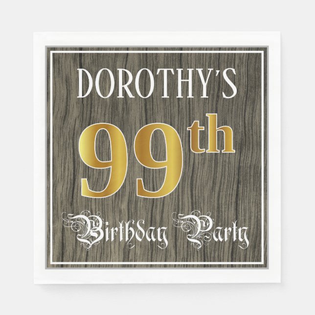 99th Birthday Party — Faux Gold & Faux Wood Looks Napkins (Front)