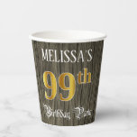 [ Thumbnail: 99th Birthday Party — Faux Gold & Faux Wood Looks Paper Cups ]
