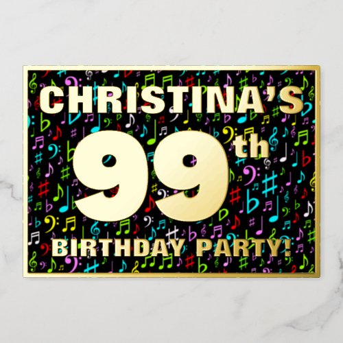 99th Birthday Party â Fun Colorful Music Symbols Foil Invitation