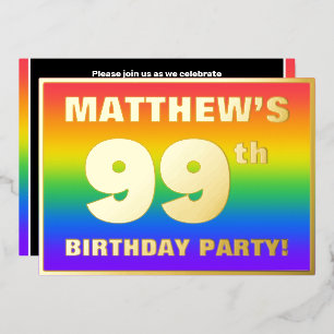 99th Birthday Party: Fun, Colorful Rainbow Pattern Foil Invitation