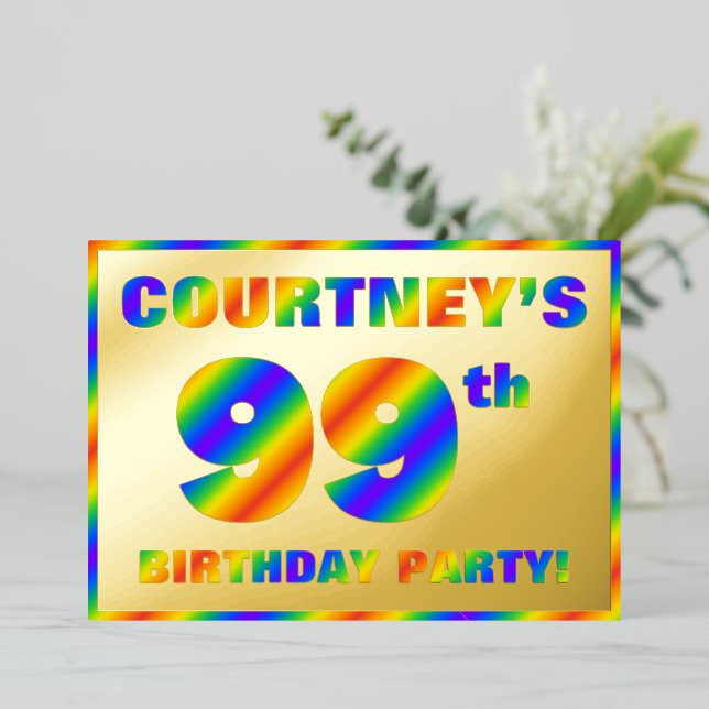 99th Birthday Party — Fun, Rainbow Spectrum “99” Foil Invitation (Standing Front)