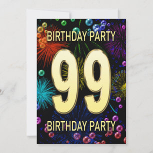 99th Birthday Party Invitation Fireworks Bubbles