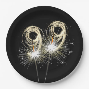99th Birthday Party Sparklers on Black   Paper Plates