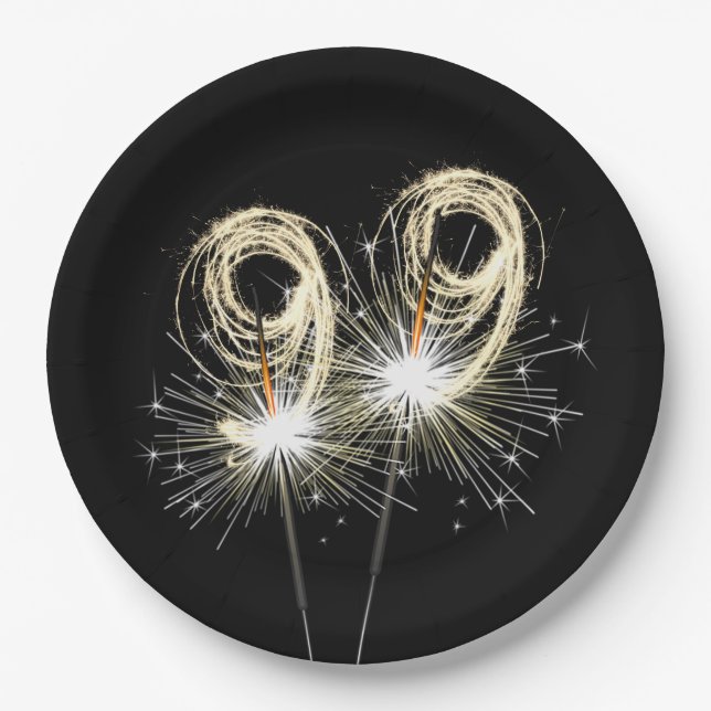 99th Birthday Party Sparklers on Black   Paper Plates (Front)