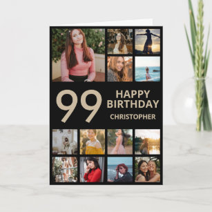 99th Birthday Photo Collage 13 Photos Black & Gold Card