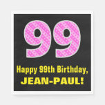 [ Thumbnail: 99th Birthday: Pink Stripes and Hearts "99" + Name Napkins ]