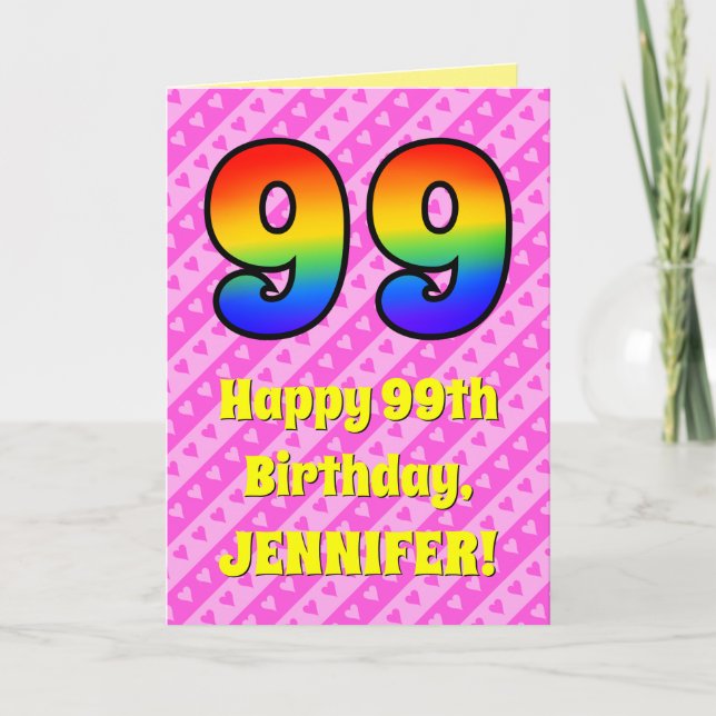 99th Birthday: Pink Stripes & Hearts, Rainbow # 99 Card (Front)