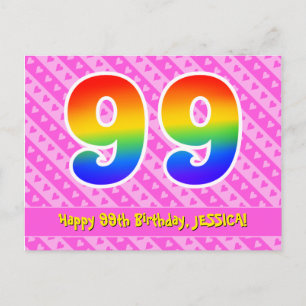 99th Birthday: Pink Stripes & Hearts, Rainbow 99 Postcard