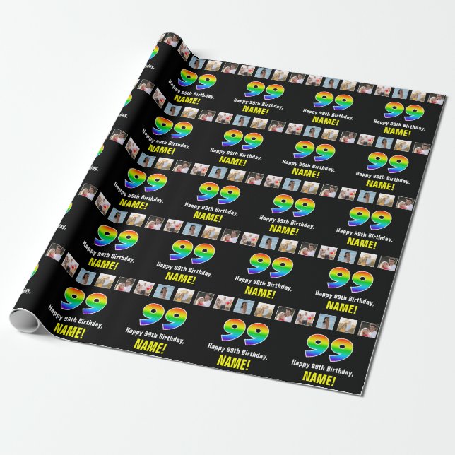 99th Birthday: Rainbow “99“; Custom Photos & Name Wrapping Paper (Unrolled)