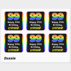 99th Birthday: Rainbow Spectrum # 99, Custom Name Square Sticker