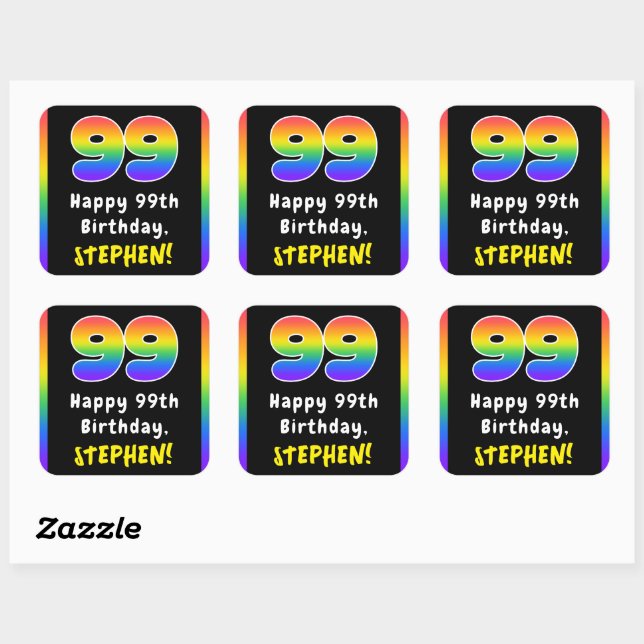 99th Birthday: Rainbow Spectrum # 99, Custom Name Square Sticker (Sheet)
