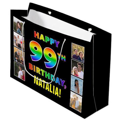 99th Birthday Rainbow Text Custom Photos  Name Large Gift Bag