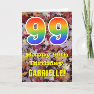 99th Birthday; Rustic Autumn Leaves Rainbow "99" Card