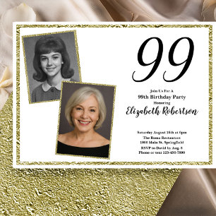 99th Custom Photo White and Gold  Invitation