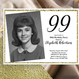 99th Custom Photo White and Gold  Invitation