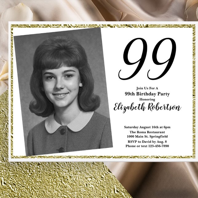 99th Custom Photo White and Gold  Invitation (Creator Uploaded)
