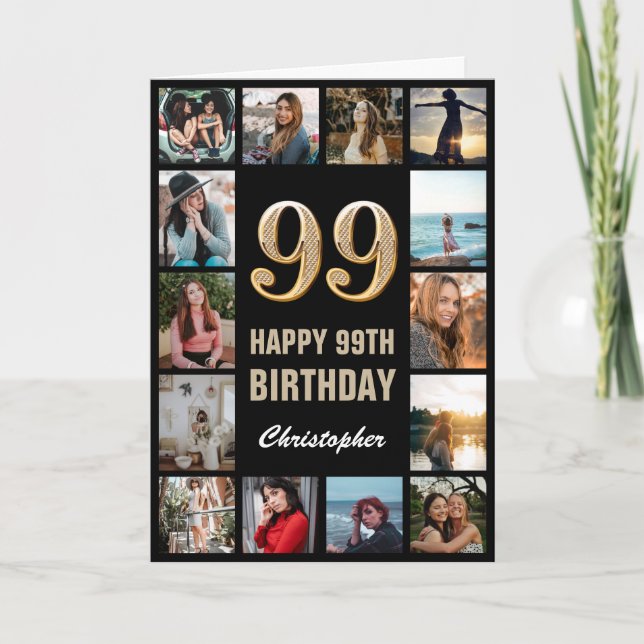 99th Happy Birthday Black and Gold Photo Collage Card (Front)