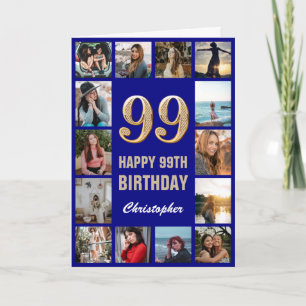 99th Happy Birthday Navy Blue & Gold Photo Collage Card