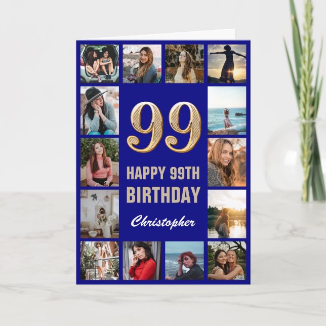 99th Happy Birthday Navy Blue & Gold Photo Collage Card (Front)