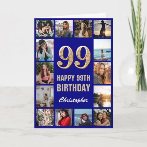 99th Happy Birthday Navy Blue  Gold Photo Collage Card