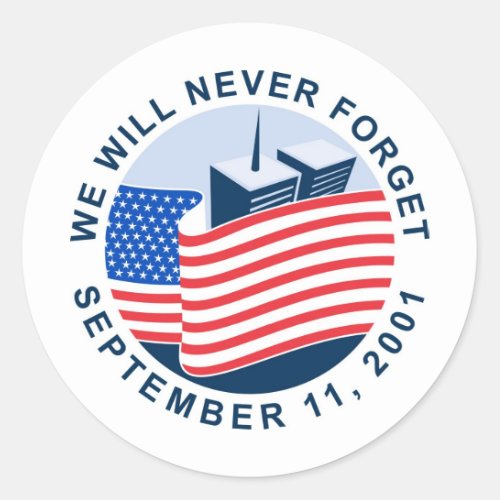 911 memorial with american flag and twin towers classic round sticker