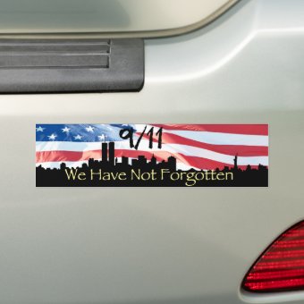9/11 Remembered NY Skyline and Waving Flag Bumper Sticker | Zazzle