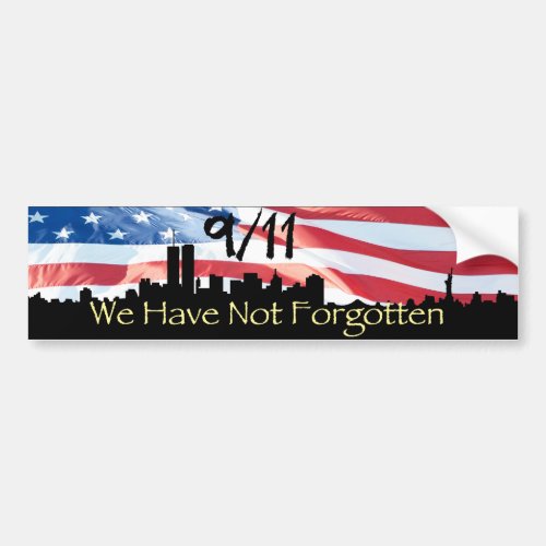 911 Remembered NY Skyline and Waving Flag Bumper Sticker
