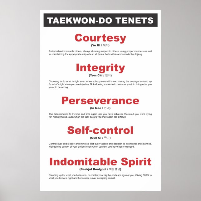 9-2 Generic Taekwon-Do Tenets Poster (Front)