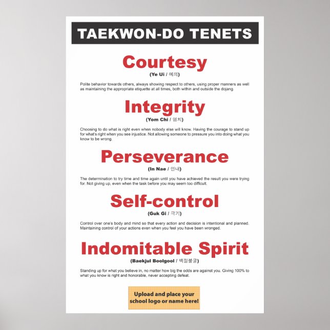 9-3 Customizable Taekwon-Do Tenets Poster (Front)