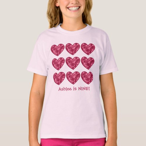 9 Birthday Girl Hearts Custom Name Pink Camo T_Shirt