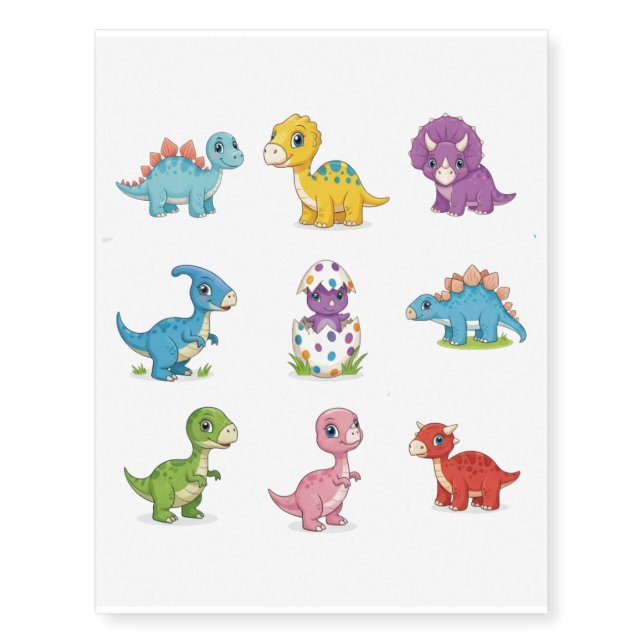 9 Cute Dino Kids Temporary Tattoos (Front)