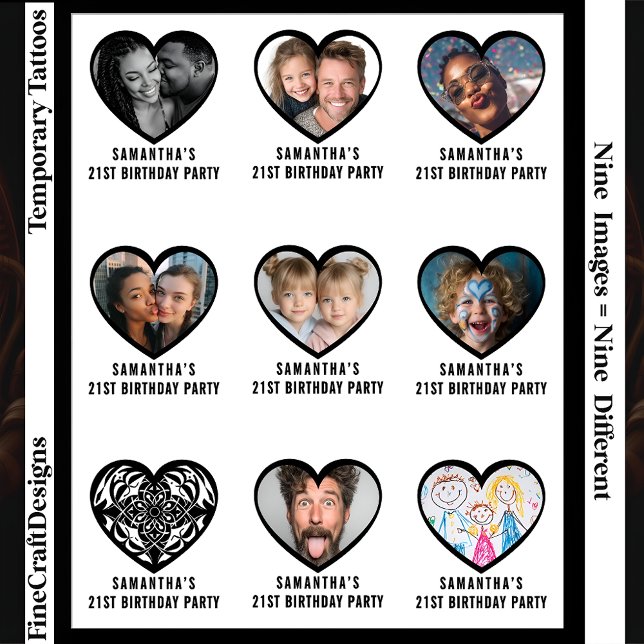 9 Different Custom Black Heart Frame, Photo Text Temporary Tattoos (Creator Uploaded)