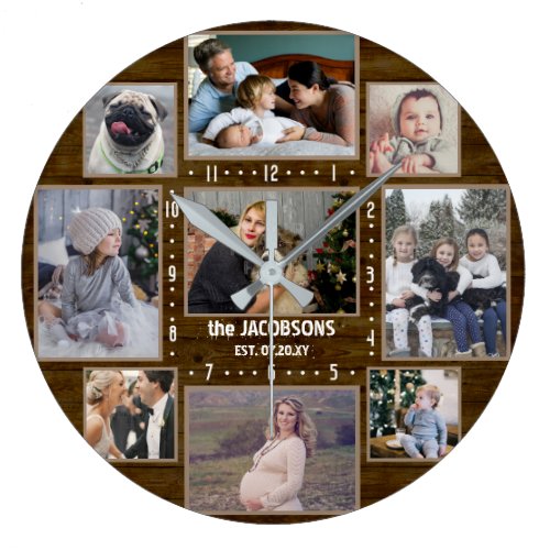 9 Family Photo Collage Custom Name Farmhouse Wood Large Clock