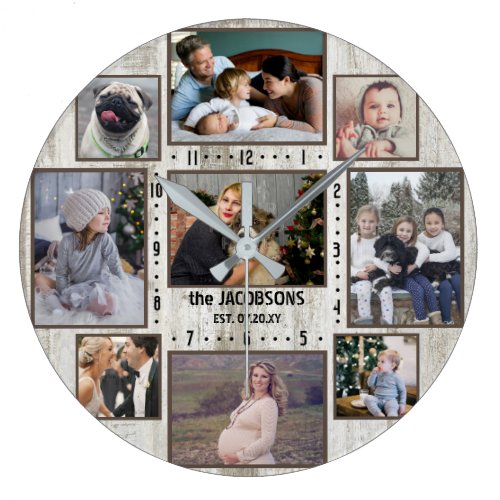 9 Family Photo Collage Farmhouse Wood Custom Name Large Clock